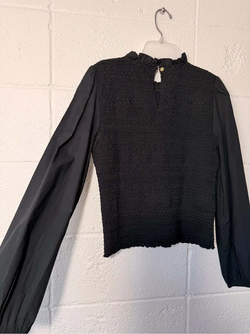 J. Crew Black Smocked Long-Sleeve Top